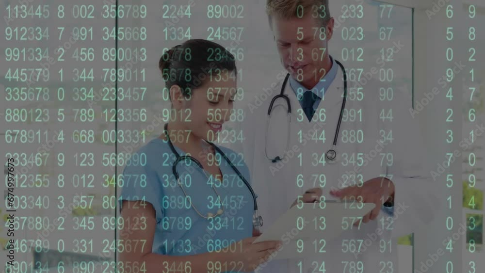 Poster animation of binary coding data processing over caucasian doctors