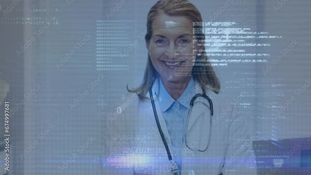 Poster animation of binary coding data processing over caucasian female doctor