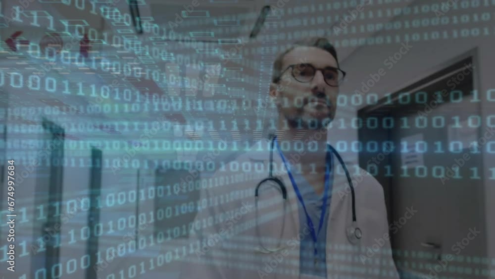 Poster animation of binary coding data processing over caucasian male doctor