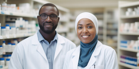 A devoted Muslim pharmacist with a smile, ready to assist customers with expertise.