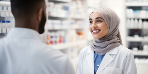 Professional service from a dedicated Muslim pharmacist in modest Islamic clothing.