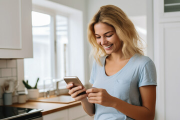 A happy caucasian woman standing in her kitchen white looking at good news on her smartphone
