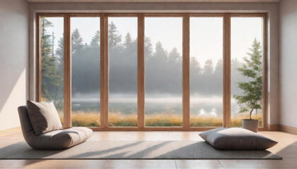 Peaceful room with large window with nature view and copy space