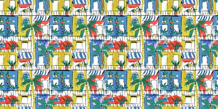 Hand drawn beach city window landscape seamless pattern. Tropical summer houses background, watercolor illustration print. 