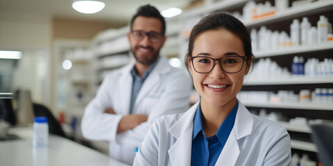 Fototapeta premium Happy pharmacy staff welcomes customers with zest