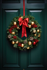A Christmas wreath hanging on a door