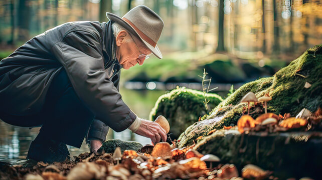 Senior in woods with hat, collecting autumn mushrooms.