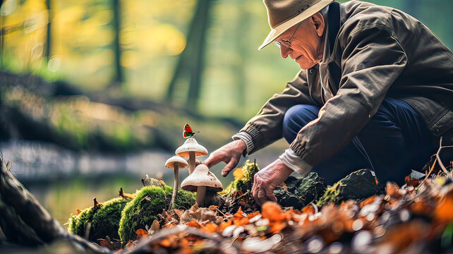 Senior in hat gathering mushrooms in sunny forest.