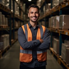 Portrait of a male warehouse worker with his arms crossed - warehouse filled with boxes is visible in the background - generative AI