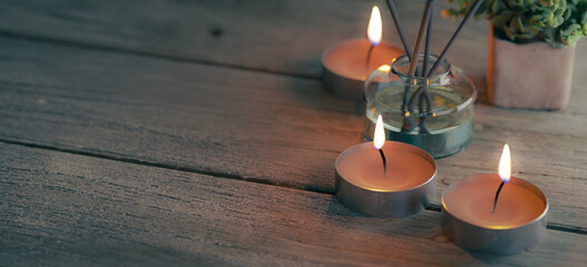 Copy space background with candle on wooden table, 3d rendering