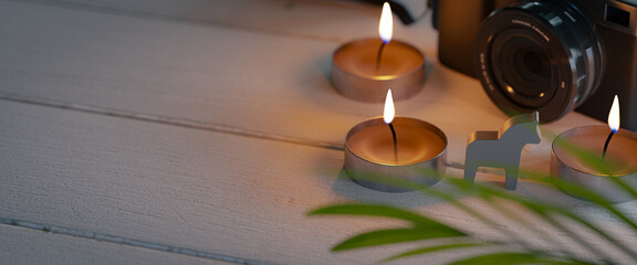 Copy space background with candle on wooden table, 3d rendering