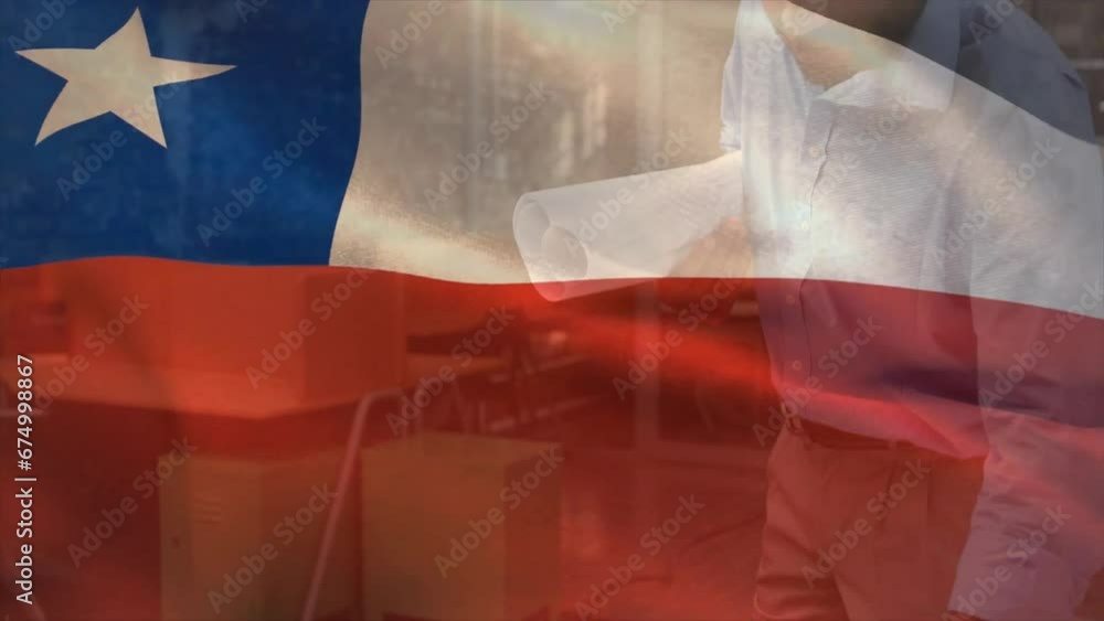 Poster animation of flag of chile over biracial engineer with blueprints inspecting floor plan