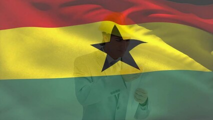 Animation of flag of ghana, caucasian engineer wearing helmet standing with blueprints - Powered by Adobe