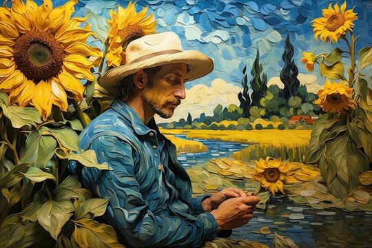 AI illustration of an oil painting on canvas with a man in a field of sunflowers in Van Gogh style