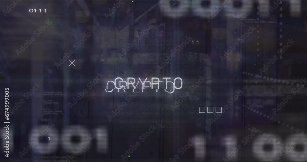 Poster animation of crypto text and binary codes with circuit board pattern over data serve room