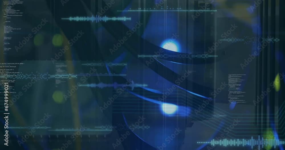 Poster animation of soundwaves and computer language over close up of wires against data server system