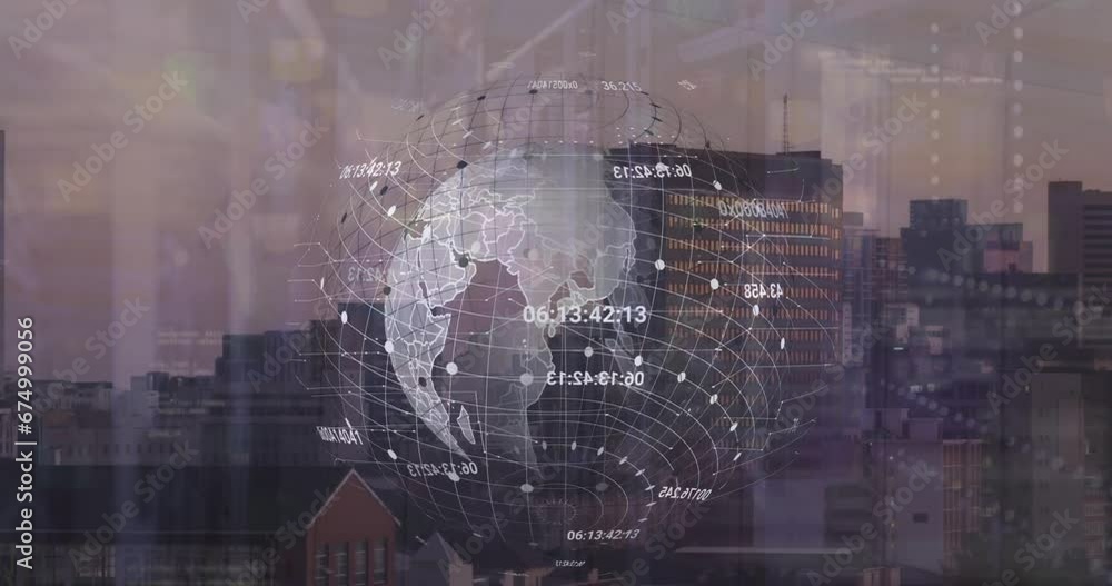 Poster animation of grid pattern and changing numbers around globe over aerial view of modern