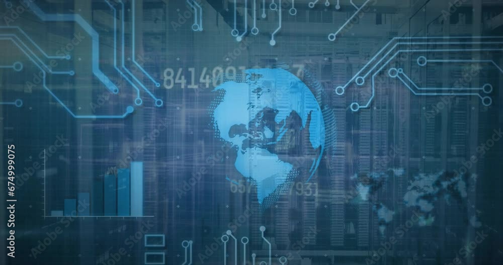 Poster animation of globe, graph, circuit board pattern and changing numbers over data server system