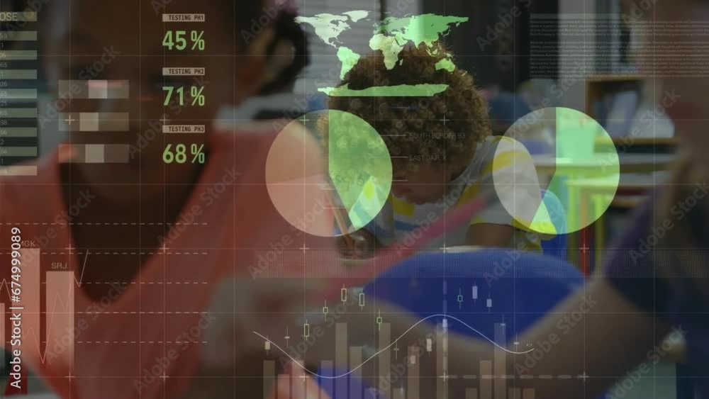 Aufkleber animation of multicolored infographic interface over diverse students studying in classroom