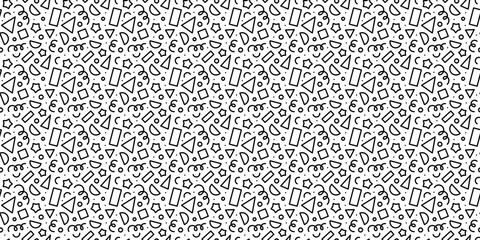 Fun black line doodle seamless pattern. Creative minimalist style art background for children or trendy design with basic shapes. Simple childish scribble backdrop. - obrazy, fototapety, plakaty