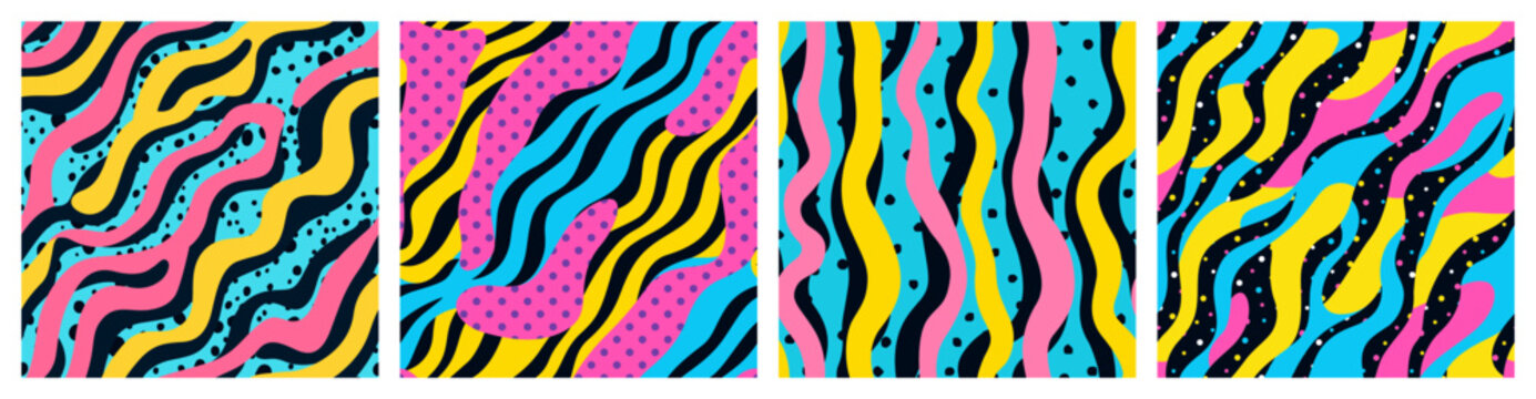 Set of abstract colorful neon print seamless pattern illustration in retro 80s style. Trendy background collection with creative line drawing. Vintage 90s texture, fun hipster wallpaper design.