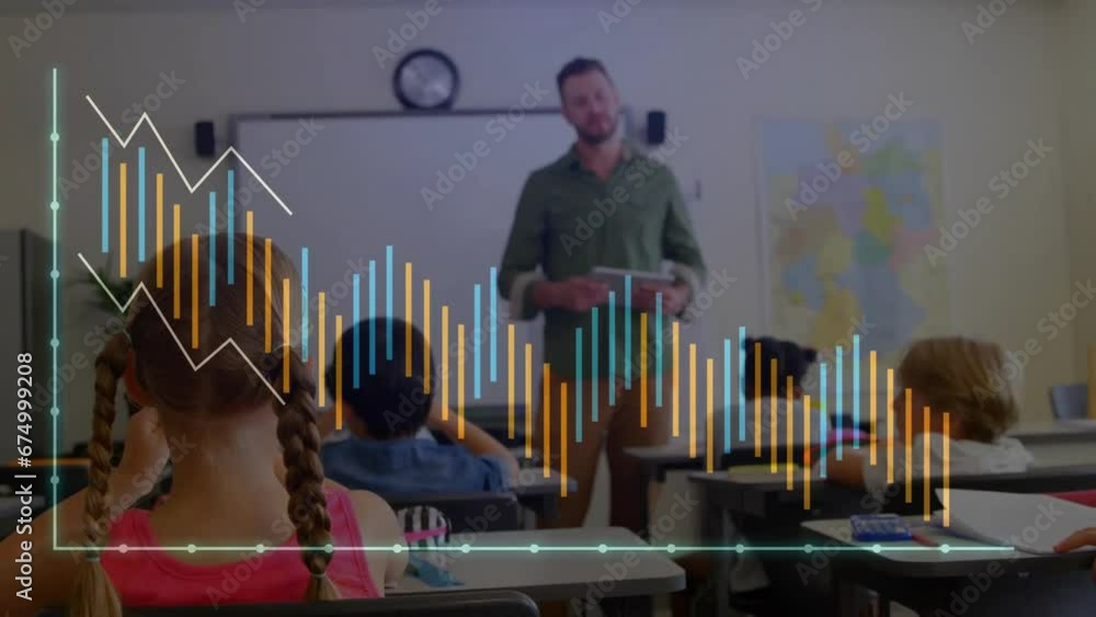Poster animation of multiple graphs over diverse teacher teaching students in classroom