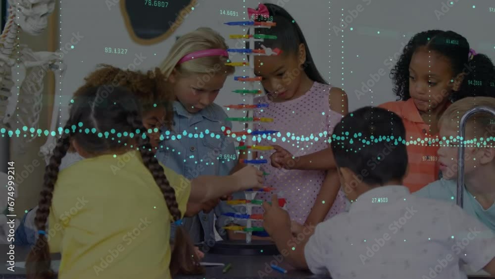 Poster animation of multiple graphs with changing numbers over diverse students looking at dna helix model