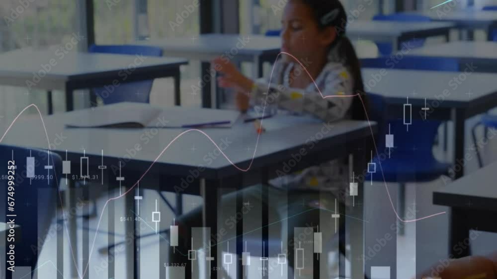 Poster animation of multiple graphs over diverse girls writing exam in classroom