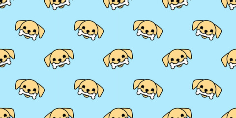 Happy dog cartoon doodle seamless pattern. Funny puppy with bone flat illustration background. Animal texture print. Playful pet character wallpaper.