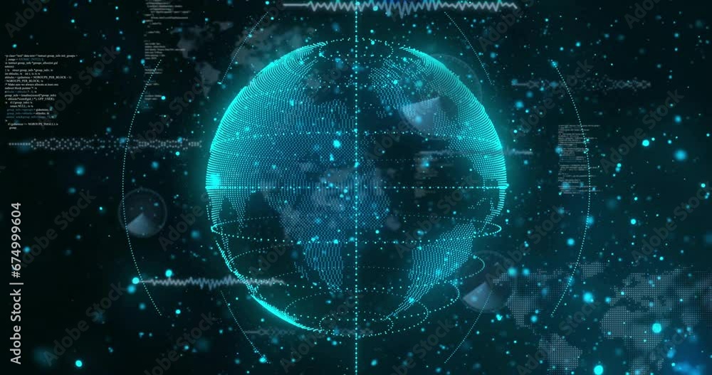 Poster animation of circles around globe and computer language with dots over black background