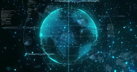 Animation of circles around globe and computer language with dots over black background - Powered by Adobe