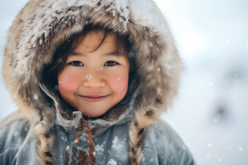 A closeup portrait of happy Inuit native American child smiling on a cold winter day