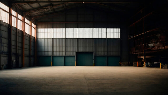 empty industrial shed, warehouse, background natural light