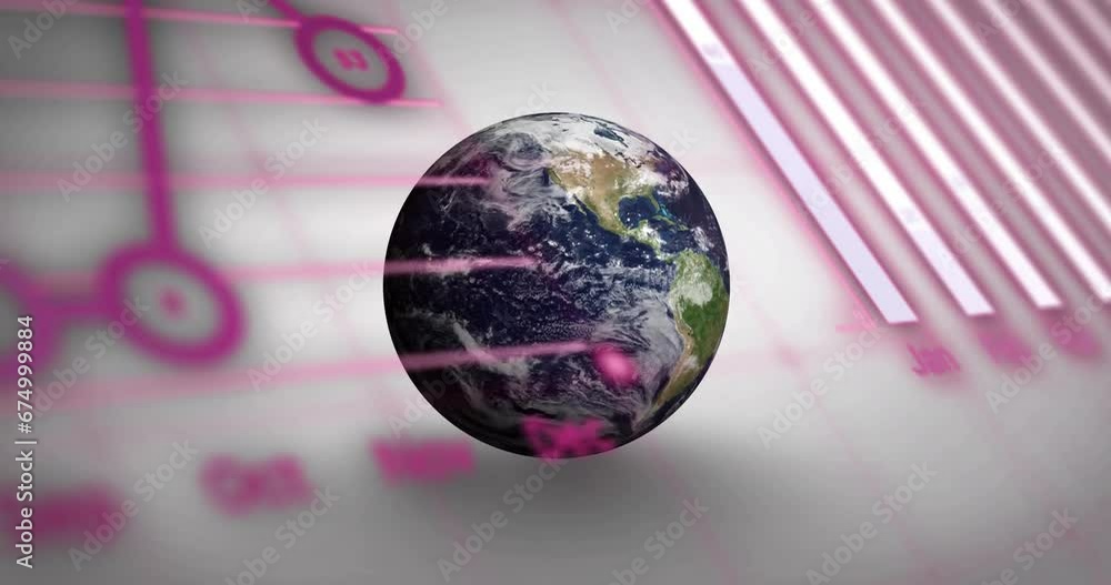 Poster animation of globe, graphs and computer language over rotating globe against white background