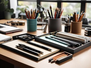 desk top with many pen and pencil sets on it and glass holders