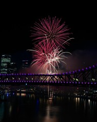 Illuminated city scape of Brisbane on Brisban River Fire 2023