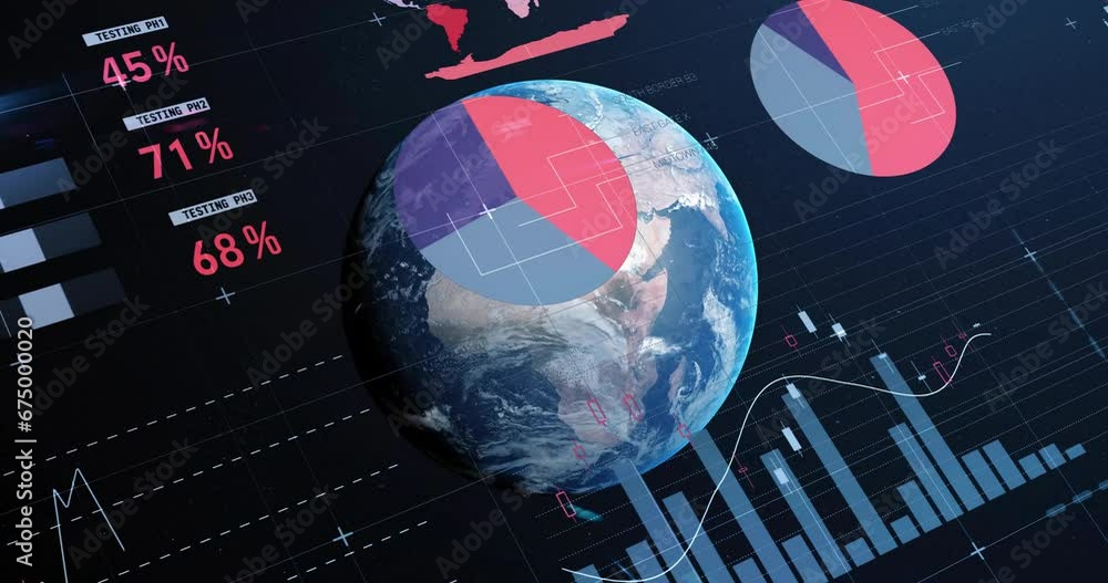 Poster animation of multicolored infographic interface and globe over black background