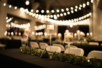 Classic Evening Wedding reception with candles and string bulb lights - obrazy, fototapety, plakaty