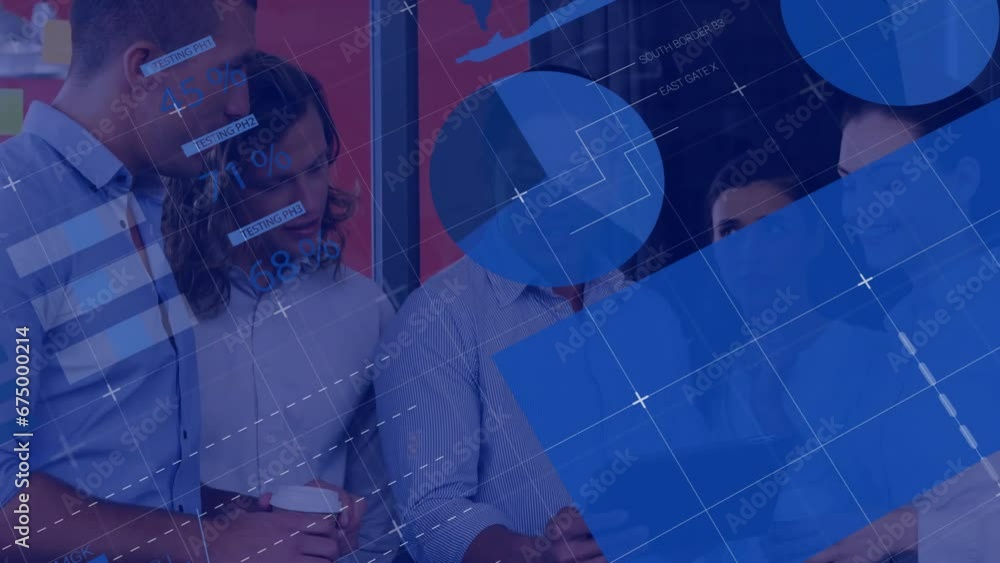 Poster animation of infographic interface over diverse coworkers discussing reports on digital tablet