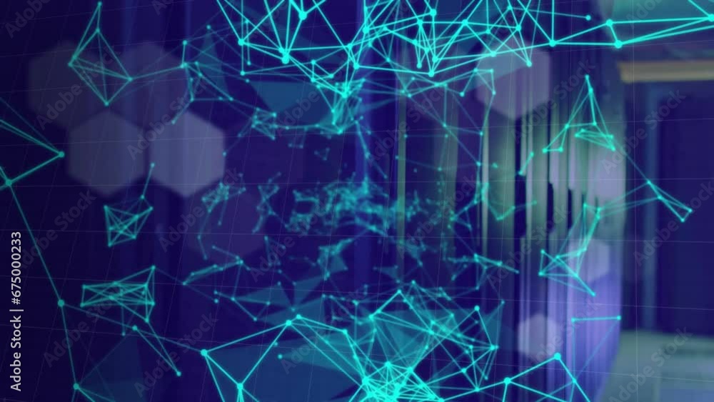 Poster animation of hexagons and connected dots forming geometric shape over data server room