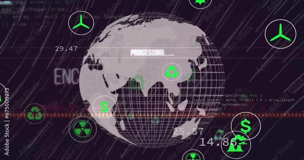 Poster animation of texts, icons, computer language and rotating globe over black background