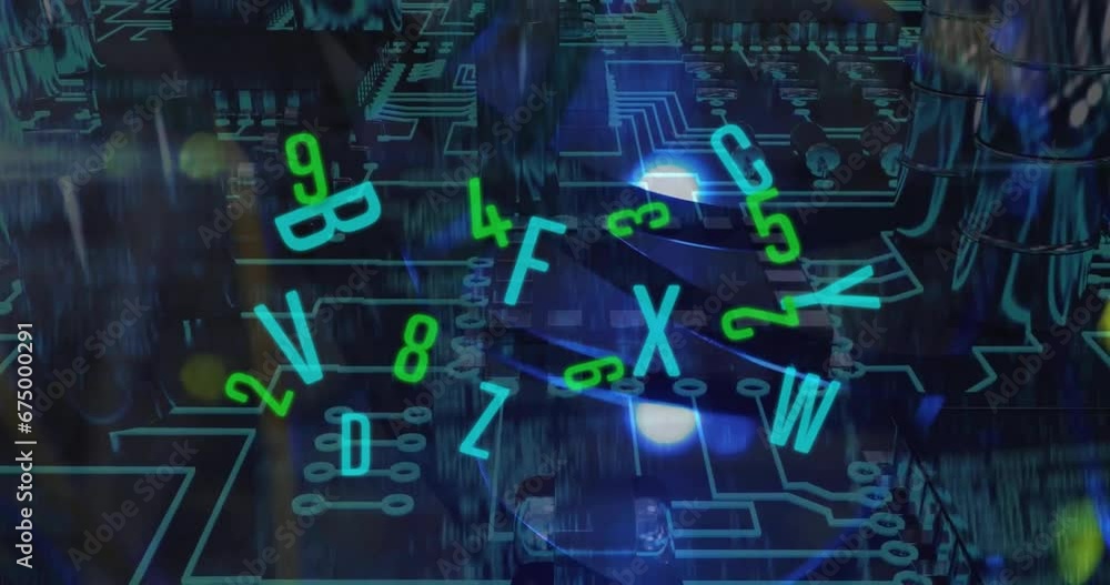 Poster animation of changing numbers and letters with circuit board pattern over black background