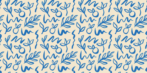 Abstract organic shape art seamless pattern with blue nature doodles. Hand drawn cartoon background, simple leaf shapes and fruit in watercolor painting style. 