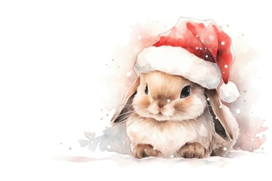 beautiful rabbit celebrating christmas on white background in watercolor style