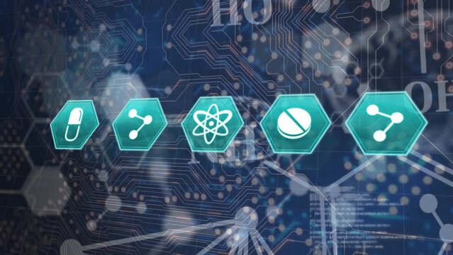 Animation of icon in hexagon, molecule structures and digital human brain over circuit board pattern