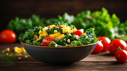 salad with various types of vegetables in a bowl on wooden table
