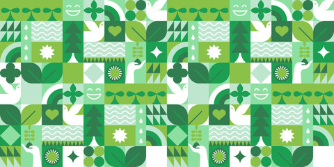 Green eco friendly symbol mosaic seamless pattern illustration with nature abstract shapes. Fresh organic concept background print. Minimalist environment shape texture, geometry collage. - obrazy, fototapety, plakaty