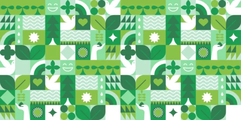 Foto op Canvas Green eco friendly symbol mosaic seamless pattern illustration with nature abstract shapes. Fresh organic concept background print. Minimalist environment shape texture, geometry collage. © Dedraw Studio