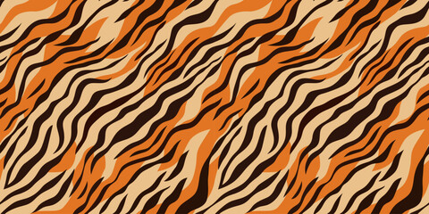 Animal print seamless pattern illustration. Tiger stripe texture background. Striped feline skin textile backdrop, Exotic fashion fabric wallpaper design.
