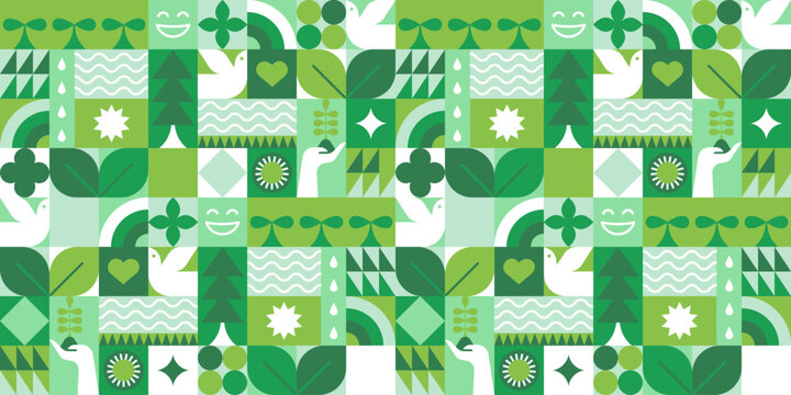 Green eco friendly symbol mosaic seamless pattern illustration with nature abstract shapes. Fresh organic concept background print. Minimalist environment shape texture, geometry collage. © Dedraw Studio